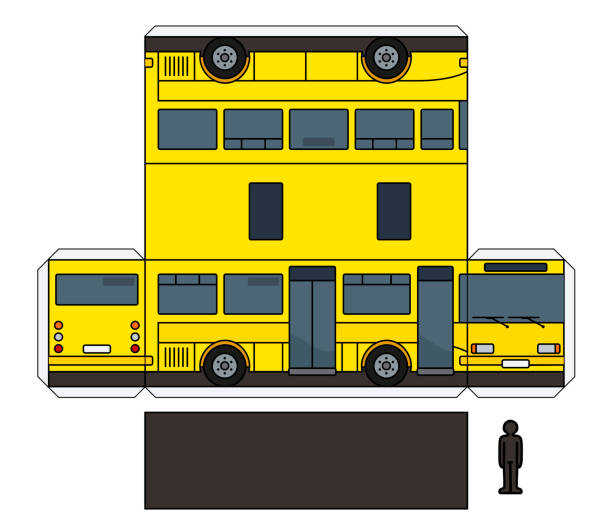 illustrations, cliparts, dessins animés et icônes de la maquette en papier d’un petit bus jaune - car motor vehicle model land vehicle