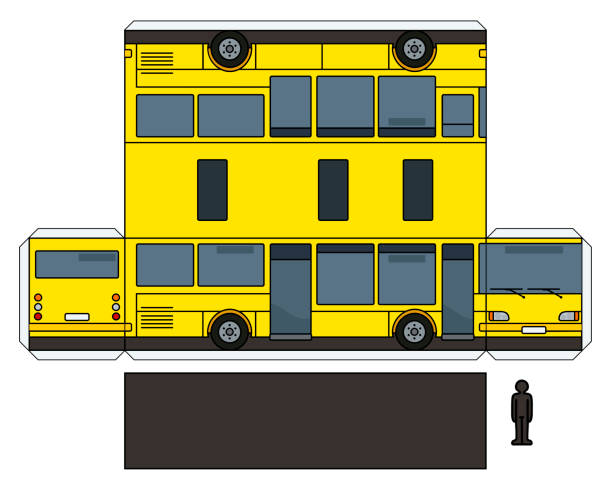 illustrations, cliparts, dessins animés et icônes de la maquette en papier d’un bus jaune - car motor vehicle model land vehicle