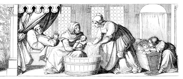 hebamme, die neugeborenen nach der geburt in mittelalterlichen baden - midwife stock-grafiken, -clipart, -cartoons und -symbole