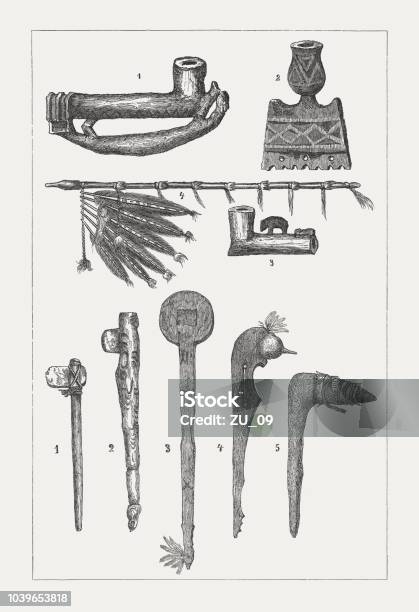 Native American Peace Pipe And Battle Axes Woodcuts Published 1876 Stock Illustration - Download Image Now