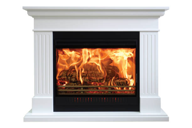 istock Burning classic fireplace of white marble. Isolated on white 1039657760