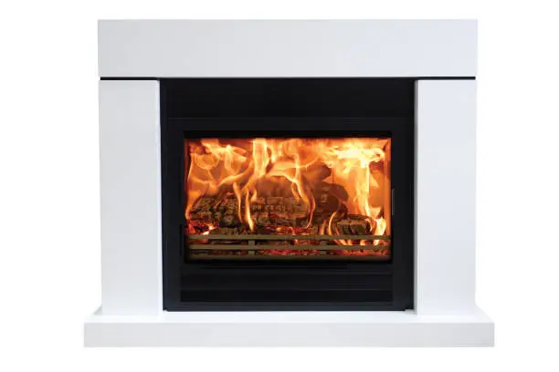 Photo of Burning white fireplace isolated on white background