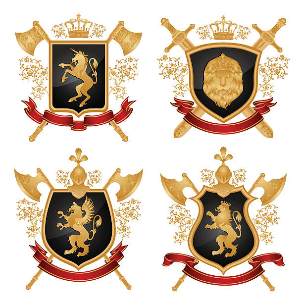 щит герба - heraldic griffin sword crown stock illustrations