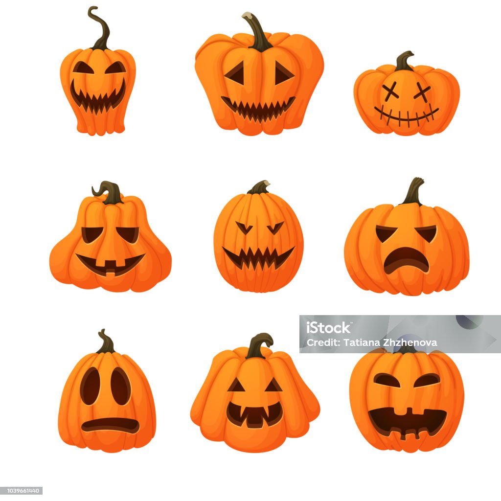 Set of ripe orange pumpkins with funny faces isolated on white background. Halloween, harvest icon. Different shapes. Set of halloween vector icons. Ripe orange pumpkins with funny faces isolated on white background. Different shapes. Autumn holidays. Pumpkin stock vector