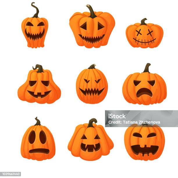 Set Of Ripe Orange Pumpkins With Funny Faces Isolated On White Background Halloween Harvest Icon Different Shapes Stock Illustration - Download Image Now