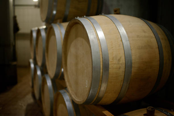 istock Wooden barrels in the old cellar in winery. 1039668892