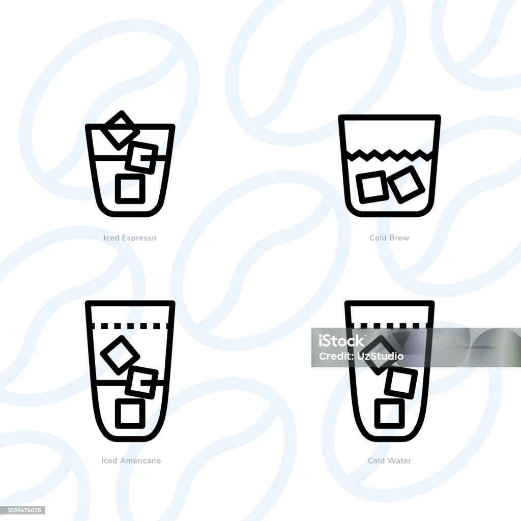 Types of coffee icon set and vector illustration - 6 Types of coffee and equipment icon set and vector illustration. Espresso, iced espresso, cold brew, cold coffee, iced americano and cold water icons. Icon Symbol stock vector