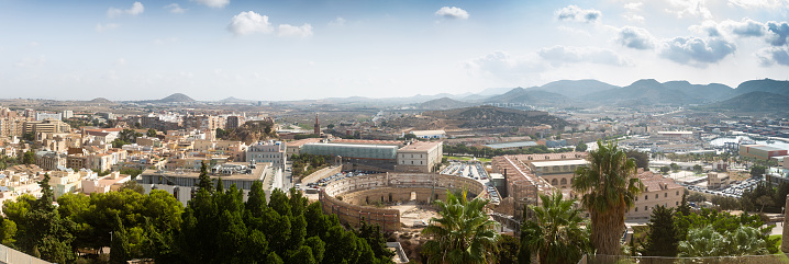 Cartagena, Spain - 4th September, 2018 - Panorama of the city of Cartagena. A Town located in the Region of Murcia, by the Mediterranean coast, south-eastern Spain showing the Roman Theatre of Carthage Nova