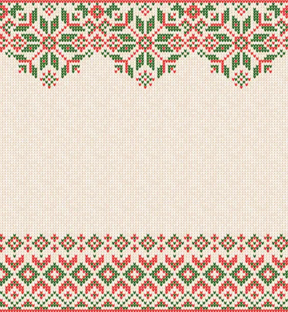 Vector illustration of Merry Christmas Happy New Year greeting card frame knitted pattern