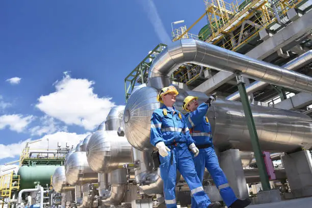 Photo of group of industrial workers in a refinery - oil processing equipment and machinery