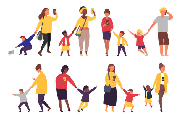 Busy parents with mobile smartphones. Children want attention from adults. Vector illustration Busy parents with mobile smartphones. Children want attention from adults. People with kids vector illustration girl texting on phone stock illustrations