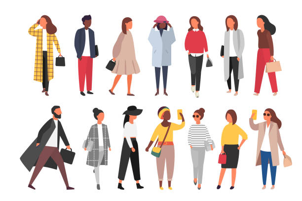 Crowd of people walking in autumn clothes. Vector illustration Man and woman characters in autumn outwear clothes. Crowd of cartoon people outside on the streets. Vector flat illustration fashion icons stock illustrations
