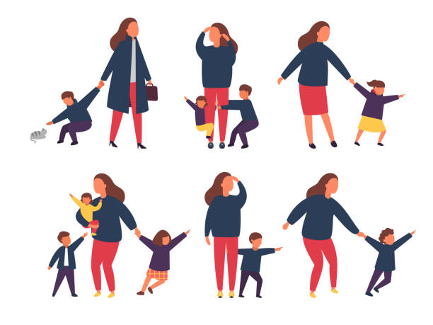 Tired exhausted mother with naughty kids. Parents with children. Vector illustration Tired exhausted mother with naughty kids. Busy parents with children. Vector illustration child misbehaving stock illustrations
