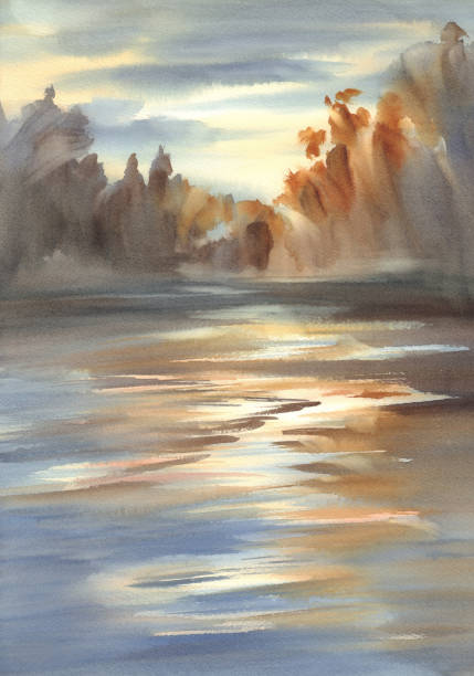 istock Autumn landscape in the evening light watercolor background 1039709832