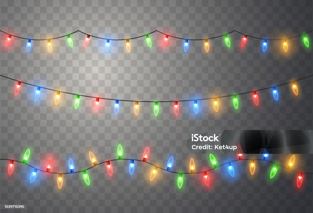 Luces de Navidad. Guirnalda de Navidad de brillante colorido. Verde, amarillo, azul y rojo vector resplandor bombillas - arte vectorial de Luz de Navidad libre de derechos