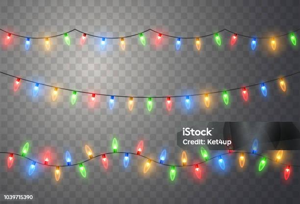 Ilustración de Luces De Navidad Guirnalda De Navidad De Brillante Colorido Verde Amarillo Azul Y Rojo Vector Resplandor Bombillas y más Vectores Libres de Derechos de Luz de Navidad