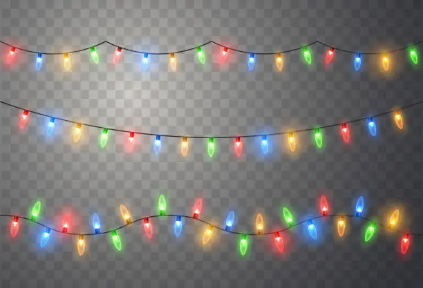 Vector illustration of Christmas lights. Colorful bright Xmas garland. Vector red, yellow, blue and green glow light bulbs