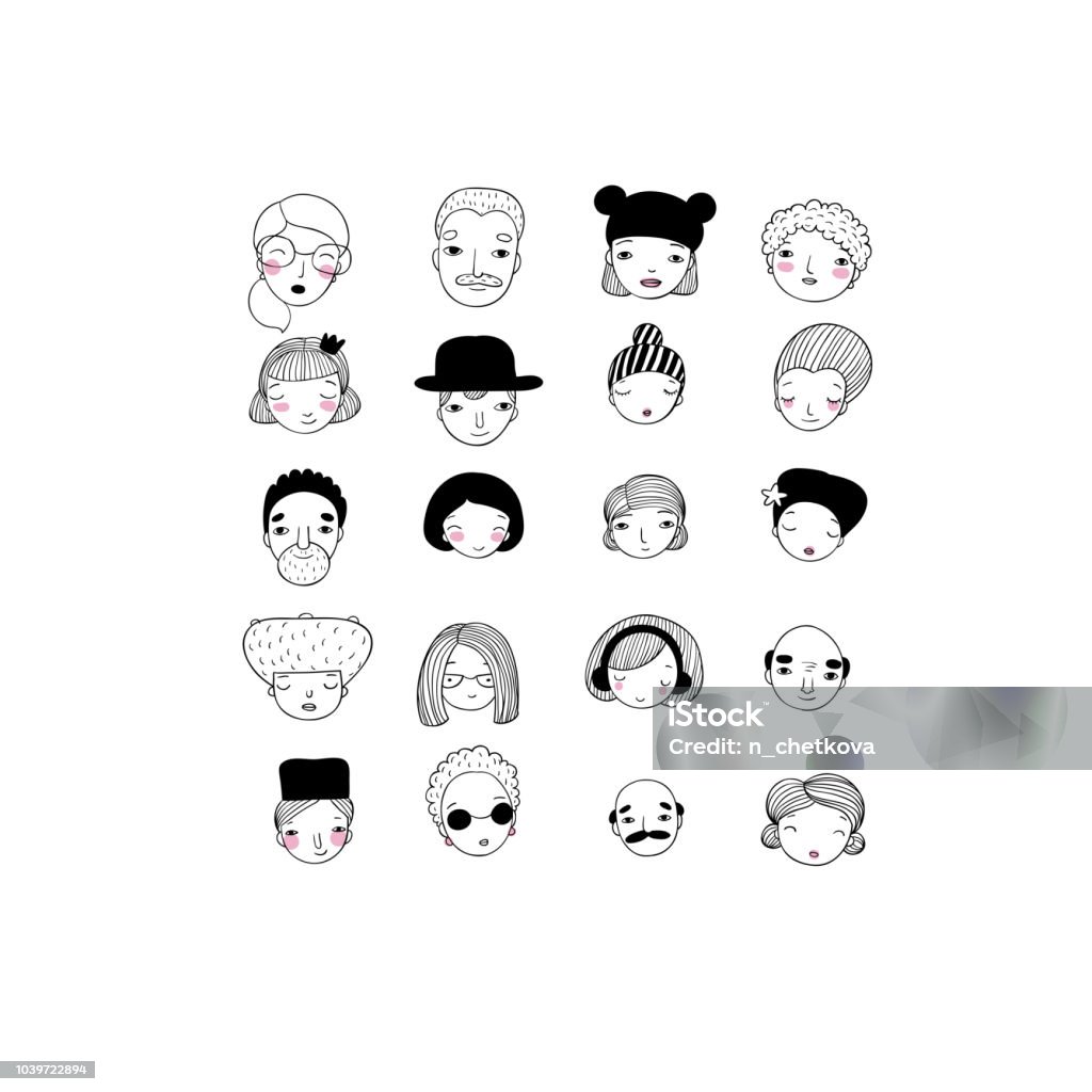 Different faces. Hand drawing isolated objects on white background. Vector illustration. Portrait stock vector