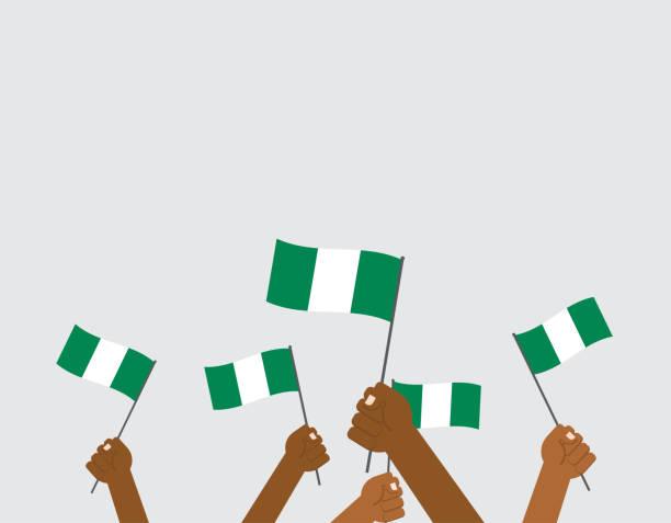 vector illustration hände hielten nigeria fahnen auf hintergrund isoliert - human hand waving human arm high angle view stock-grafiken, -clipart, -cartoons und -symbole