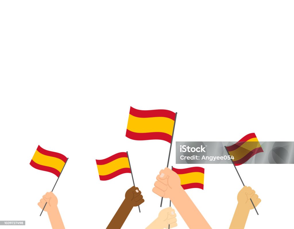 Vector illustration hands holding Spain flags isolated on white background Arm stock vector