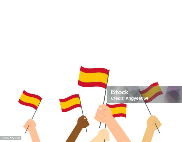 Vector Illustration Hands Holding Spain Flags Isolated On White Background Stock Illustration - Download Image Now