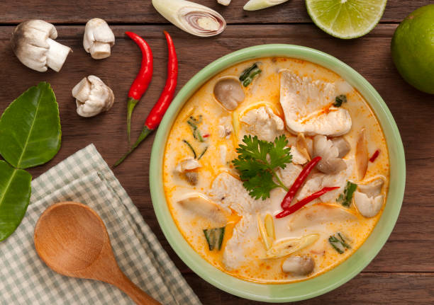 thailändische tom kha gai, thailändische suppe mit huhn und kokosmilch - mr tom stock-fotos und bilder