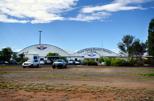 Alice Springs, NT, Australia - November 20, 2017: Hangars from non-profit organisation Royal Flying Doctor Service aka RFDS on Alice Springs airport