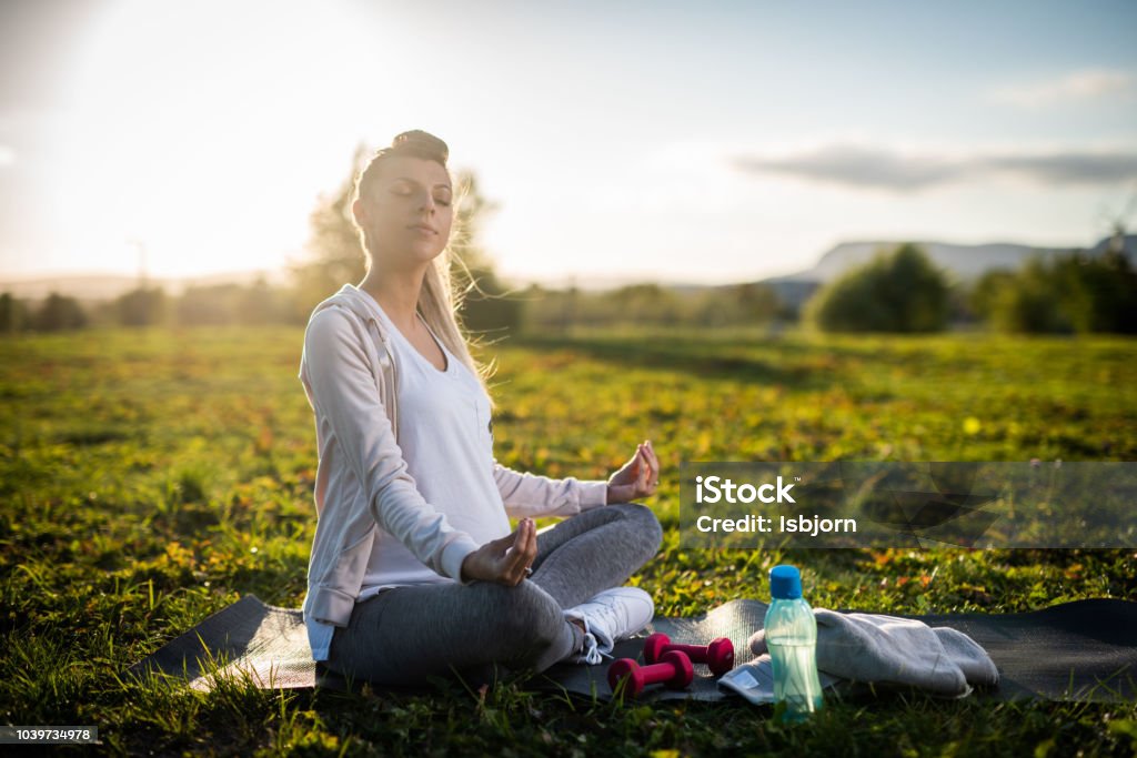 Connection whit nature. Pregnant female doing yoga on meadow at sunset. Adult Stock Photo