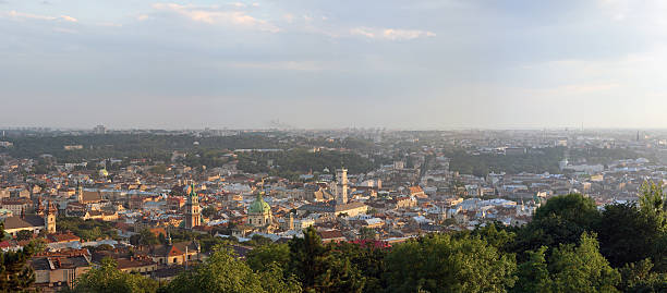 panorama della città di sera - lvov dome summer light foto e immagini stock
