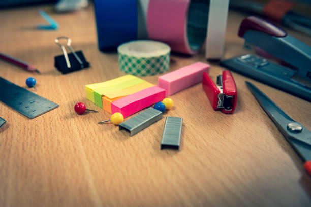 Stationery items are placed on the working desk.