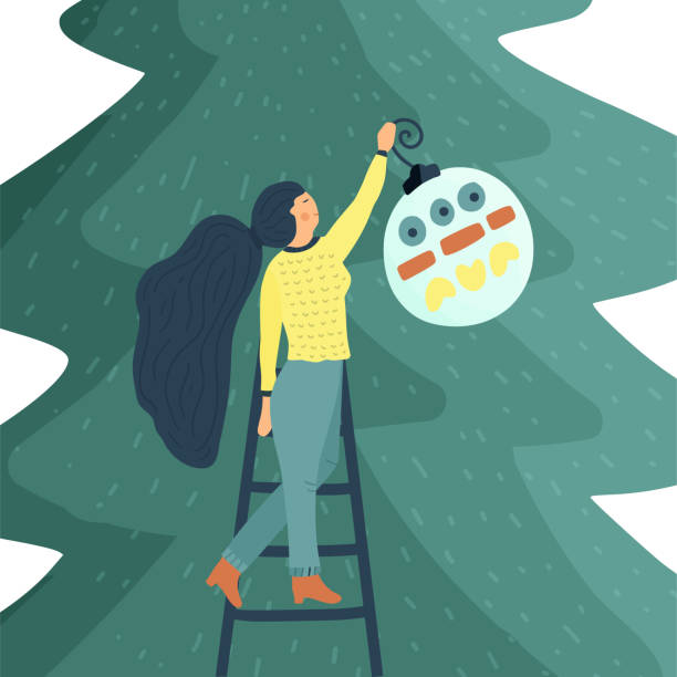 stockillustraties, clipart, cartoons en iconen met klein meisje teken decoreren een kerstboom. vlakke stijl vectorillustratie. - christmas tree