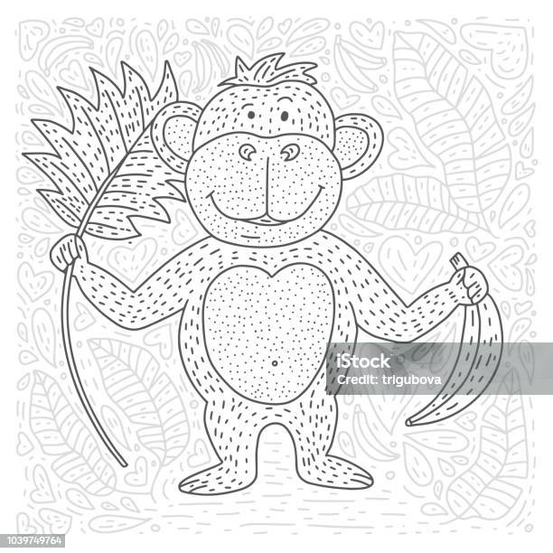 Coloring Vector Page With Cartoon Doodle Animal Outline Playful Card With A Monkey Stock Illustration - Download Image Now