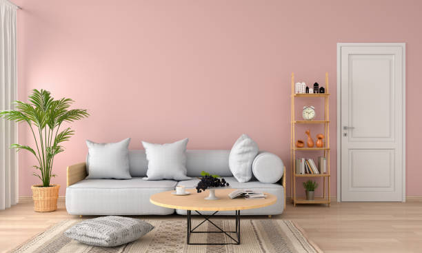 istock gray sofa in pink living room, 3D rendering 1039750652