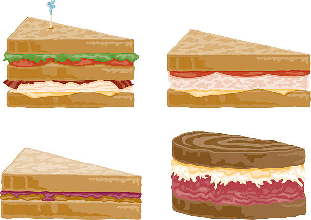 Four Sandwiches A club sandwich, tuna melt, peanut butter and jelly, and a reuben on rye bread. No gradients were used when creating this illustration. reuben sandwich stock illustrations