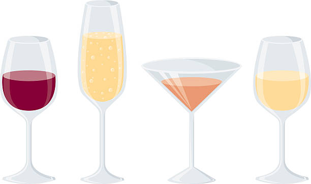 Liquor Glasses A collection of liquor in glasses: red wine, champagne, martini and white wine. No gradients were used when creating this illustration. wineglass illustrations stock illustrations