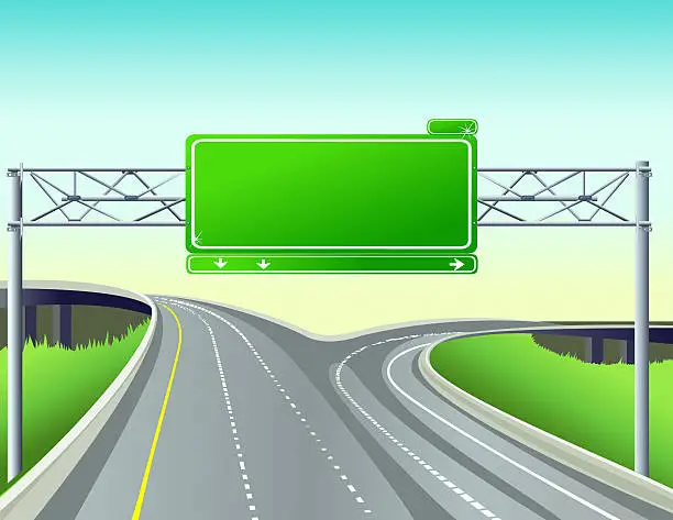 Vector illustration of Empty highway scene with overhead directional sign and overpass