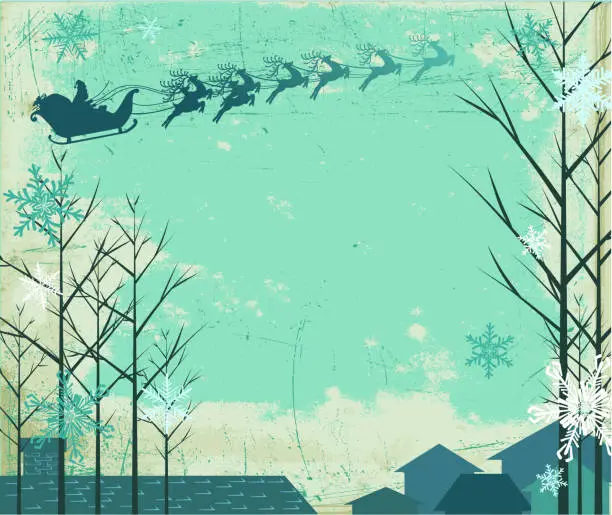 Vector illustration of Snowy Night with Santa's Sleigh and Reindeer Flying Over Rooftops