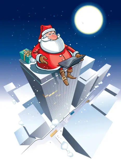 Vector illustration of Santa with notebook on the roof