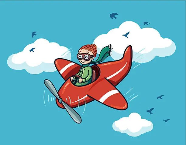 Vector illustration of Happy pilot in red plane