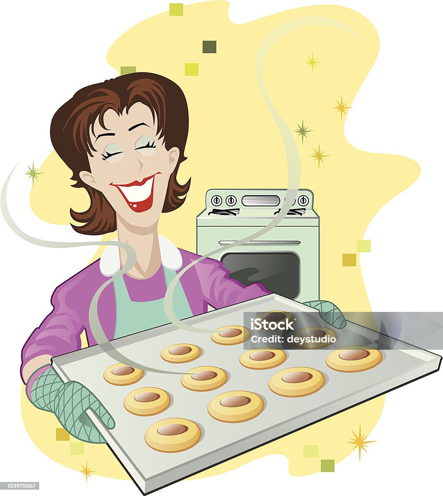 Cookie Tray - Retro Revival Woman bakes cookies in her modern oven with a retro-style. Baking stock vector