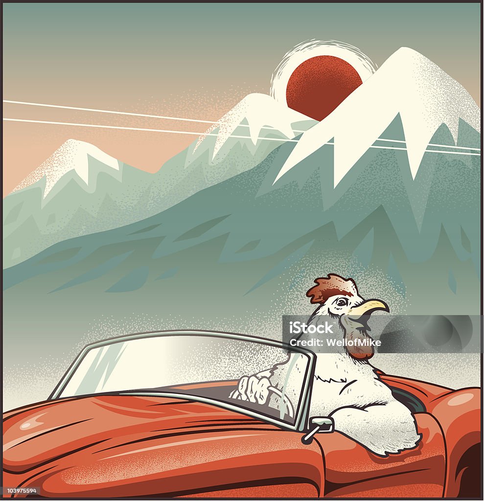 Rooster Driving Convertible A rooster driving a convertible sports car against a snow-capped mountain setting, created in a retro-modern style. Chicken - Bird stock vector