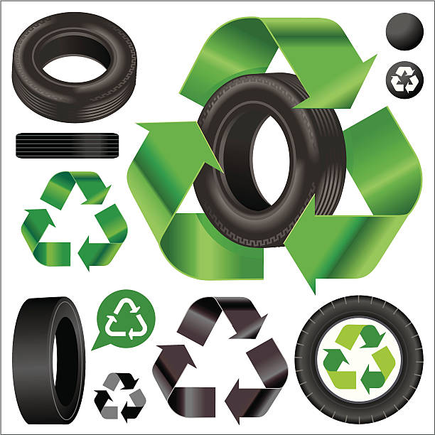 illustrazioni stock, clip art, cartoni animati e icone di tendenza di gomma riciclata - tire recycling recycling symbol transportation