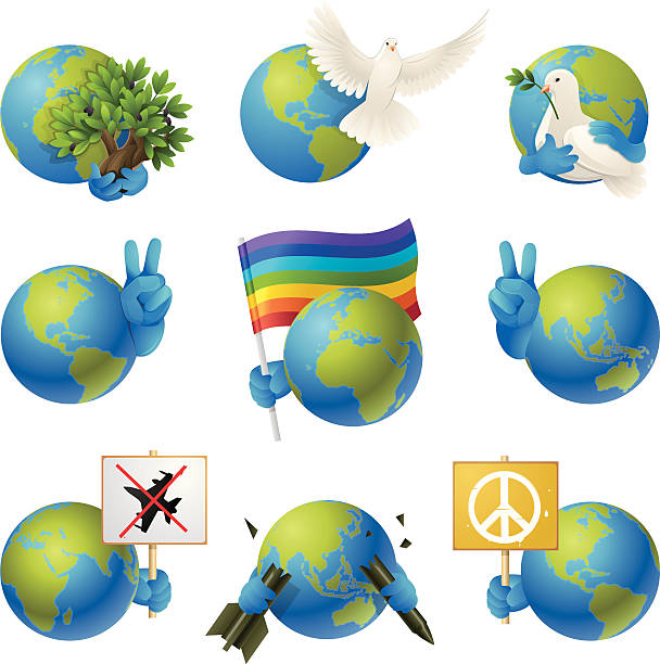 illustrazioni stock, clip art, cartoni animati e icone di tendenza di la pace sulla terra icona set - war globe symbols of peace weapon
