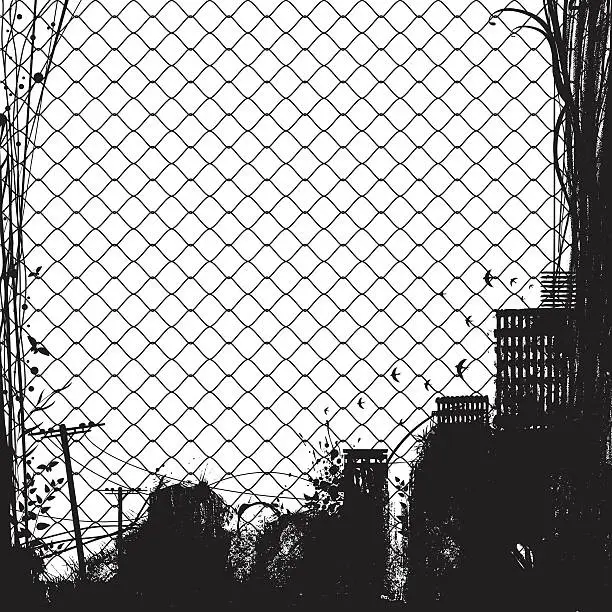 Vector illustration of wire netting and city silhouette