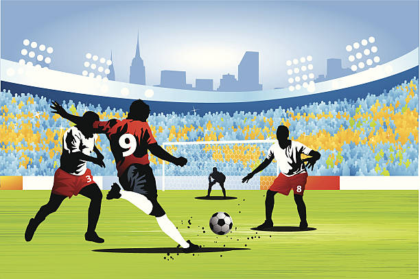 ilustraciones, imágenes clip art, dibujos animados e iconos de stock de tiro para un gol de fútbol - people in the background illustrations