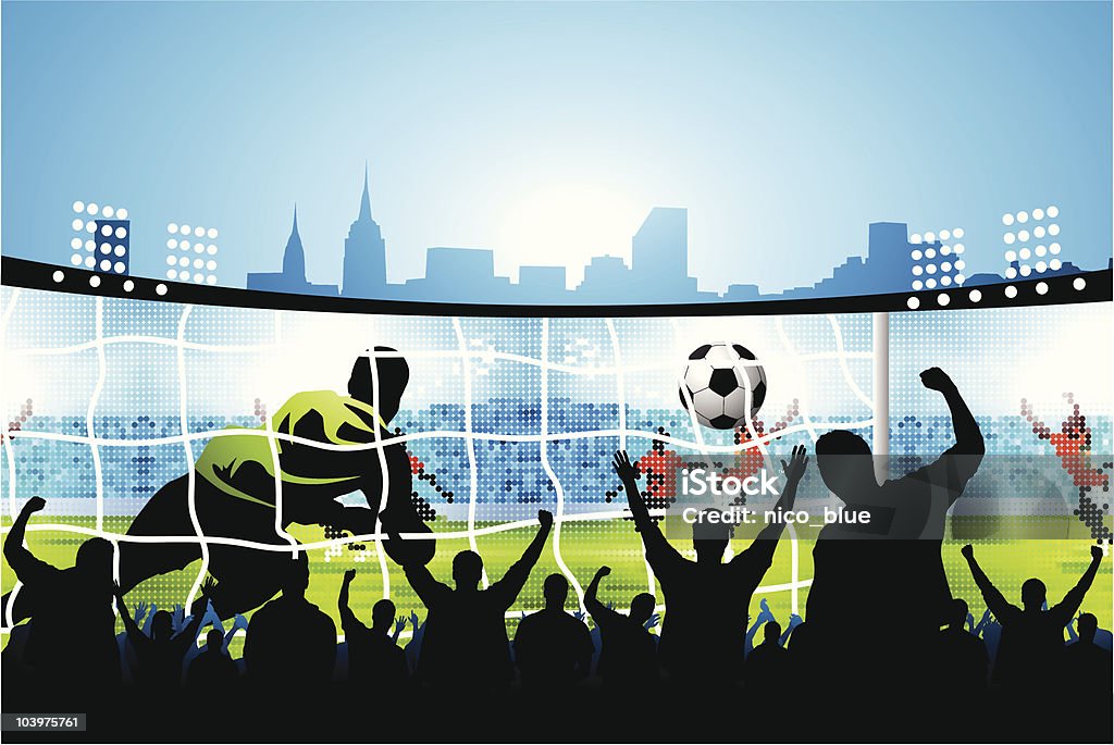 Soccer goal Vector silhouette illustration of fans watching on a large outdoors screen as a goal keeper dives to make a save but its too late as the ball flies past him into the goal.  Fan - Enthusiast stock vector