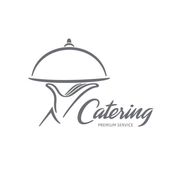 ilustraciones, imágenes clip art, dibujos animados e iconos de stock de diseño del emblema vector. servicio de catering - waiter food restaurant delivering