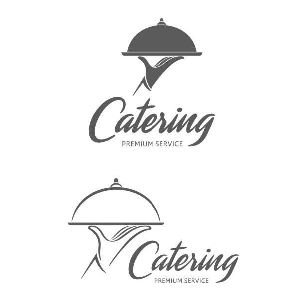 ilustraciones, imágenes clip art, dibujos animados e iconos de stock de diseño del emblema vector. servicio de catering - waiter food restaurant delivering