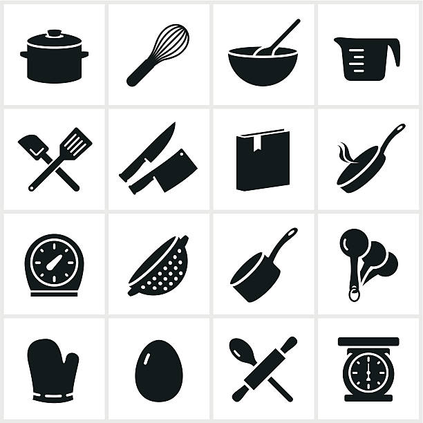 ilustraciones, imágenes clip art, dibujos animados e iconos de stock de negro iconos de la cocina a la vista - wire whisk symbol computer icon spatula