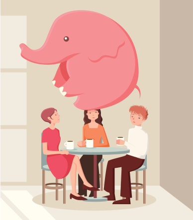 There's an elephant in the room that everyone noticed, but no one wants to say a word about it: The idiomatic expression applies to an obvious problem no one wants to discuss.